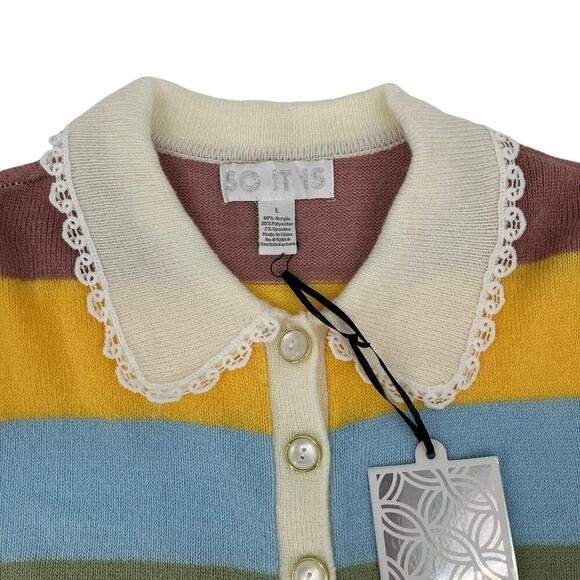 NWT So It Is Deja Vu Cardigan Seafoam Stripe Coquette Collar Large - Picture 2 of 8